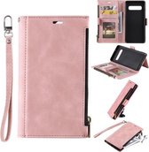 Voor Samsung Galaxy S10 Side Rits Terug Kaart Horizontale Flip PU Lederen Case met Kaartsleuven & Portemonnee & Fotolijst & Lanyard (Roze)