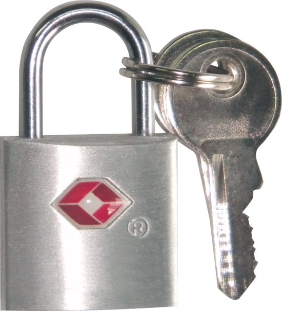 Zilverkleurig TSA-hangslot met sleutel. Met rood TSA-logo.