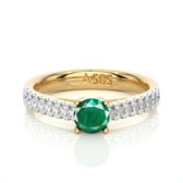 Geelgouden dames ring, half eternity, solitaire groene smaragd edelsteen - 14 karaat geelgoud bezet met diamanten