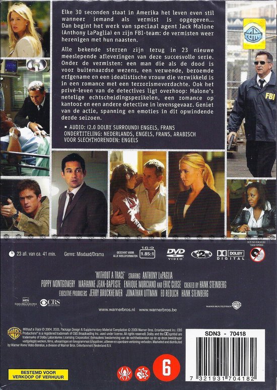 Achterkant DVD-hoes met beschrijving en afbeeldingen van acteurs, inclusief FBI-agenten.