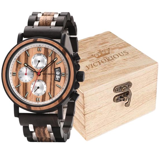 Victorious Bruin Zebra- en Walnoothout met Zwart Staal Heren Horloge Wood Collection – Ø44mm