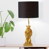 Tafellamp - Gouden Leeuw - Tafellamp Dierenvorm Goud - Decoratieve Accessoires - Woonaccessoires - Zwarte Ronde Lampenkap - Hoogte 51 Cm