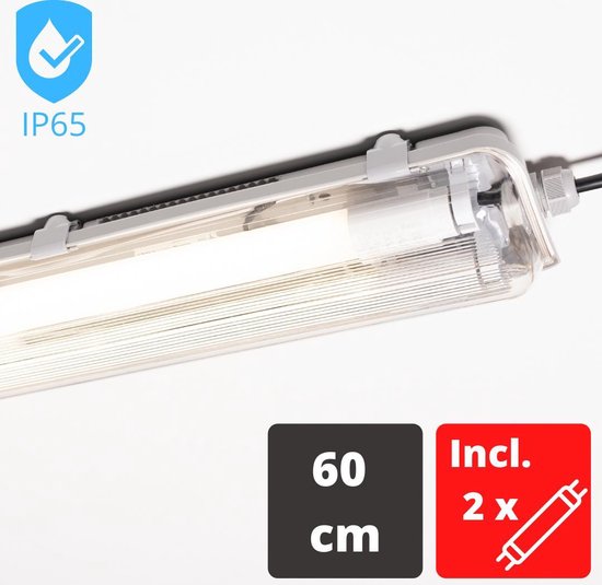 Luminaire fluorescent à LED Proventa complet avec 2 x tube LED de 60 cm - 18W remplace 50W