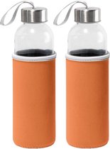 4x Stuks glazen waterfles/drinkfles met oranje softshell bescherm hoes 520 ml - Sportfles - Bidon