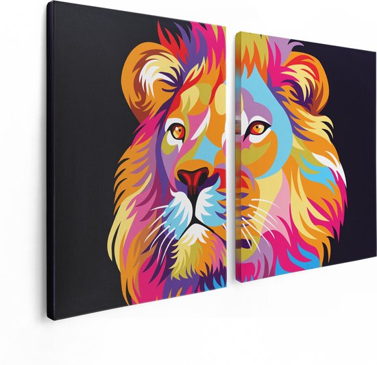 Artaza - Peinture sur toile Diptyque - Lion coloré - Tête de lion - Abstrait - 120x80 - Photo sur toile - Impression sur toile