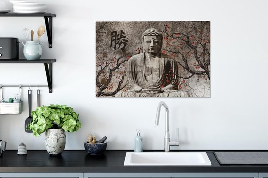 Peintures sur toile Bouddha - Statue - Arbre - 90x60 cm - Décoration murale