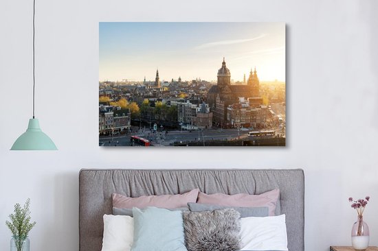 Toile Peinture Amsterdam - Soleil - Pays- Nederland - 180x120 cm - Décoration murale XXL
