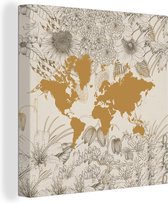 Canvas Wereldkaart - 20x20 - Wanddecoratie Wereldkaart - Bloem - Goud