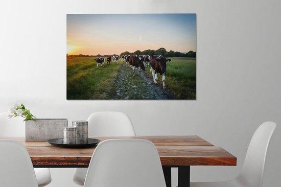 Tableau Peinture Vaches - Soleil - Route - 60x40 cm - Décoration murale