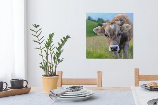Toile Peinture Vache - Animaux - Marron - Herbe - 50x50 cm - Décoration murale