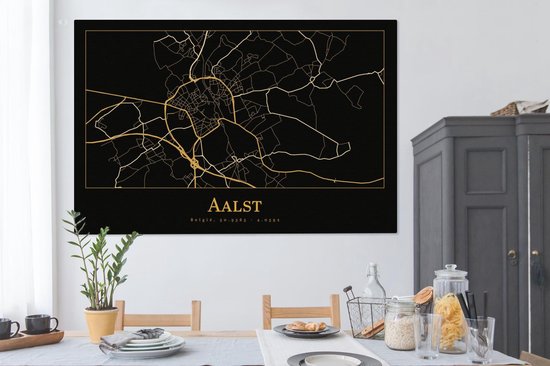 Toile Peinture Carte - Alost - Zwart - Or - 180x120 cm - Décoration murale XXL