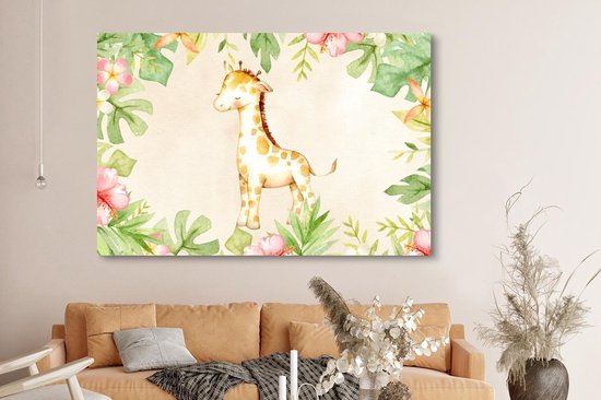 Tableau sur toile Girafe - Peinture aquarelle - Fleurs - Jungle - 180x120 cm - Décoration murale XXL