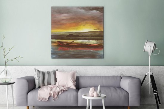 Toile Peinture Bateau - Mer - Soleil - 90x90 cm - Décoration murale