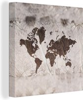 Canvas Wereldkaart - 90x90 - Wanddecoratie Wereldkaart - Bruin - Bloem