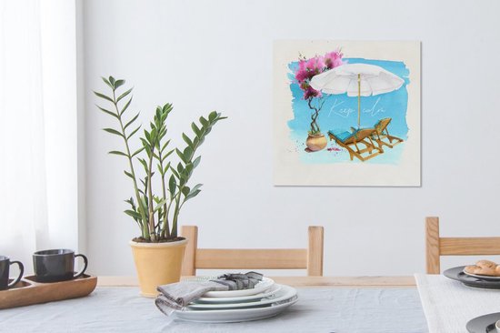 Canvas schilderij 50x50 cm - Wanddecoratie Strandstoel - Parasol - Bloemen - Tekening - Muurdecoratie woonkamer - Slaapkamer decoratie - Kamer accessoires - Schilderijen op canvas