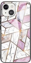 Abstracte marmeren patroon glazen beschermhoes voor iPhone 13 Mini (ruit wit paars)