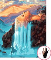 Schilderen Op Nummer Volwassenen Magische Waterval Vrouw Paarden Bergen – 40x50 cm - Inclusief Tekenhandschoen - Paint By Number Volwassenen