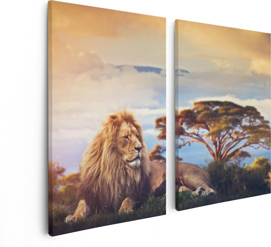 Artaza Canvas Schilderij Tweeluik Leeuw Tijdens Zonsondergang - 80x60 - Foto Op Canvas - Canvas Print