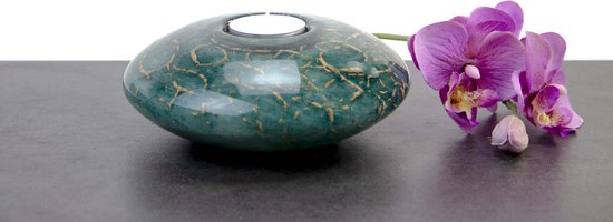 Mini Urn Waxinelichthouder Disc Groen met Bladgoud van mondgeblazen glas D15cm