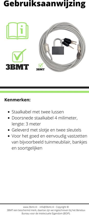 3BMT® Kabelslot - Staalkabel met Lussen - 3 meter - 4 mm Doorsnede - 3 BMT