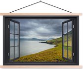 Posterhanger incl. Poster 120x80 cm - Schoolplaat - Doorkijk - Natuur - Meer - Textielposter - Blanke latten