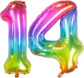 De Ballonnenkoning - Folieballon Cijfer 14 Yummy Gummy Rainbow - 86 cm
