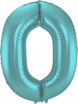 Folat - Folieballon Cijfer 0 Aqua Metallic Mat - 86 cm