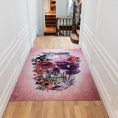 Vloerkleed laagpolig Studio M HOME - Tapijt woonkamer - Tapijt slaapkamer - Vloerkleed vintage skull - 185 x 260 cm - Doodshoofd met bloemen - Roze