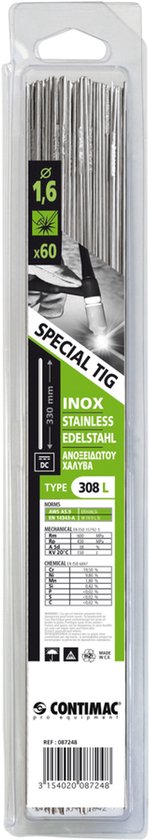Verpakking met 60 stuks TIG lastoevoegmateriaal, 1,6 mm dik, 330 mm lang, type 308L RVS.