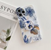 Voor iPhone 12 Pro Max Frosted Flowers Pattern IMD TPU Case met opvouwbare houder (blauw)