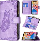 Vliegende vlinder reliëfpatroon rits horizontale flip lederen tas met houder en kaartsleuven en portemonnee voor iPhone 13 mini (paars)