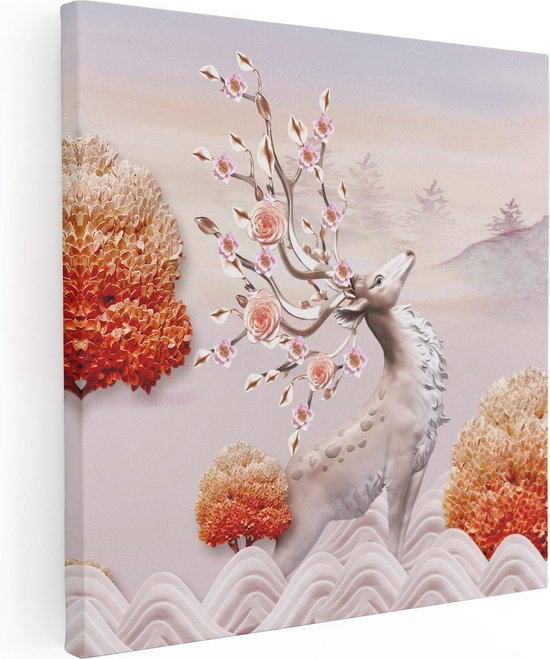 Artaza Canvas Schilderij 3D Illustratie Hert - Abstract - 90x90 - Groot - Foto Op Canvas - Canvas Print