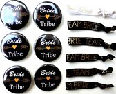 12-delige set met 6 buttons en 6 armbanden Bride to Be en Bride Tribal zwart met goud - button - vrijgezellenfeest - bruid - armband -vrijgezellen party