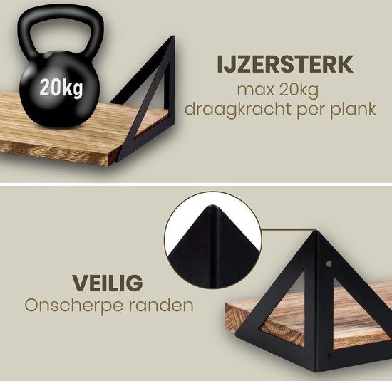 Ensemble d'étagères murales flottantes Set - 3 pièces - Longueur : 25/33/42 cm - Bois de Paulownia - Industriel - Bibliothèque