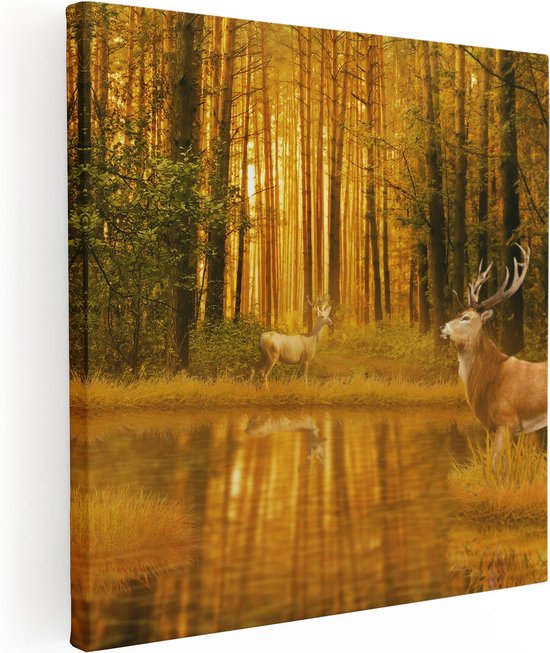 Artaza - Peinture sur toile - Deux cerfs dans la forêt au bord de l' Water - 50x50 - Photo sur toile - Impression sur toile