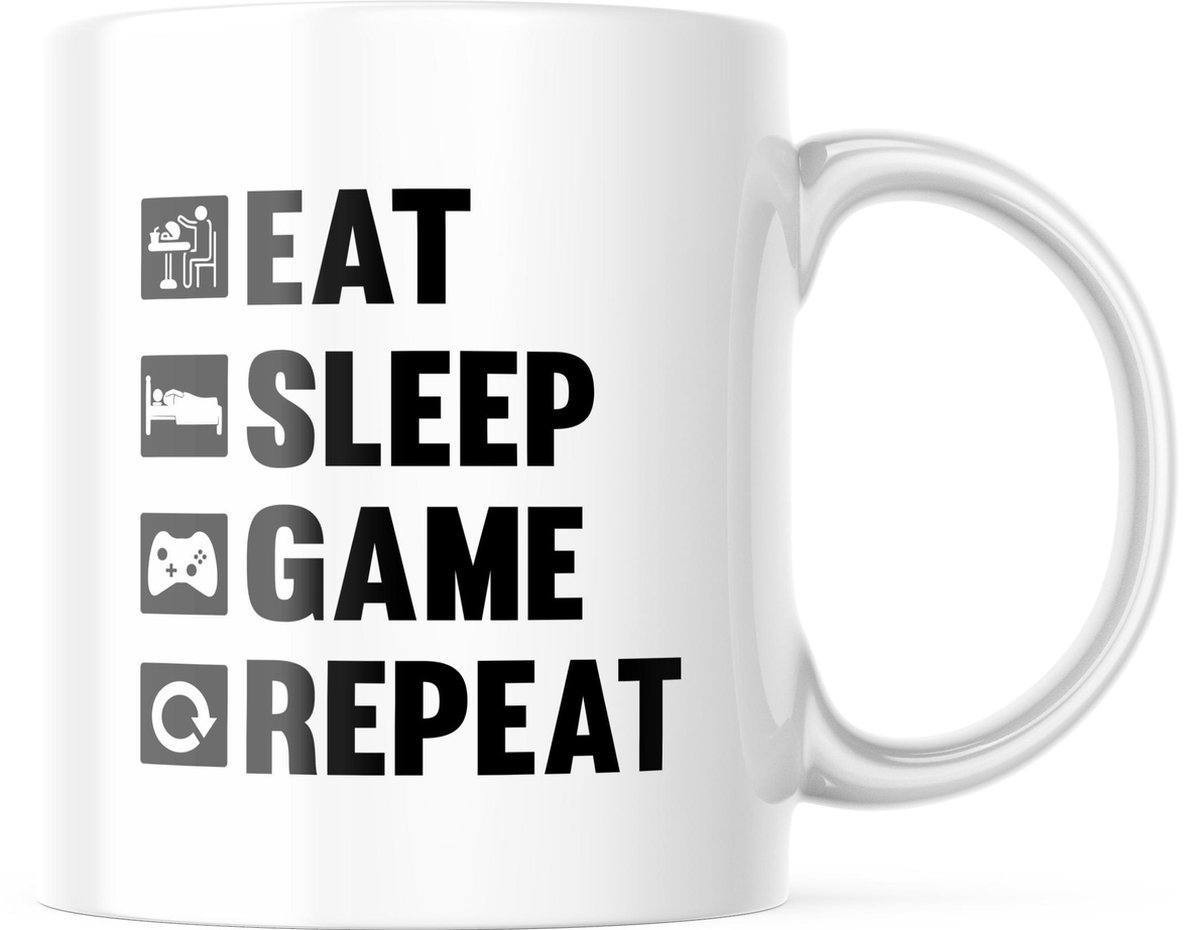 Gamer Mok met tekst: EAT SLEEP GAME REPEAT | Grappige mok | Cadeau