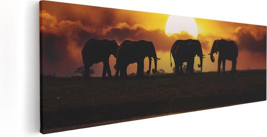 Artaza Canvas Schilderij Silhouet Olifanten Tijdens Zonsondergang - 90x30 - Foto Op Canvas - Canvas Print