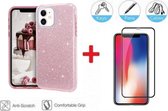 2-In-1 Screenprotector Glitter Hoesje Bescherming Protector Set Geschikt Voor Apple iPhone 11 (6.1 Inch) - Full Cover 3D Edge Tempered Glass Screen Protector Met Siliconen Back Bes