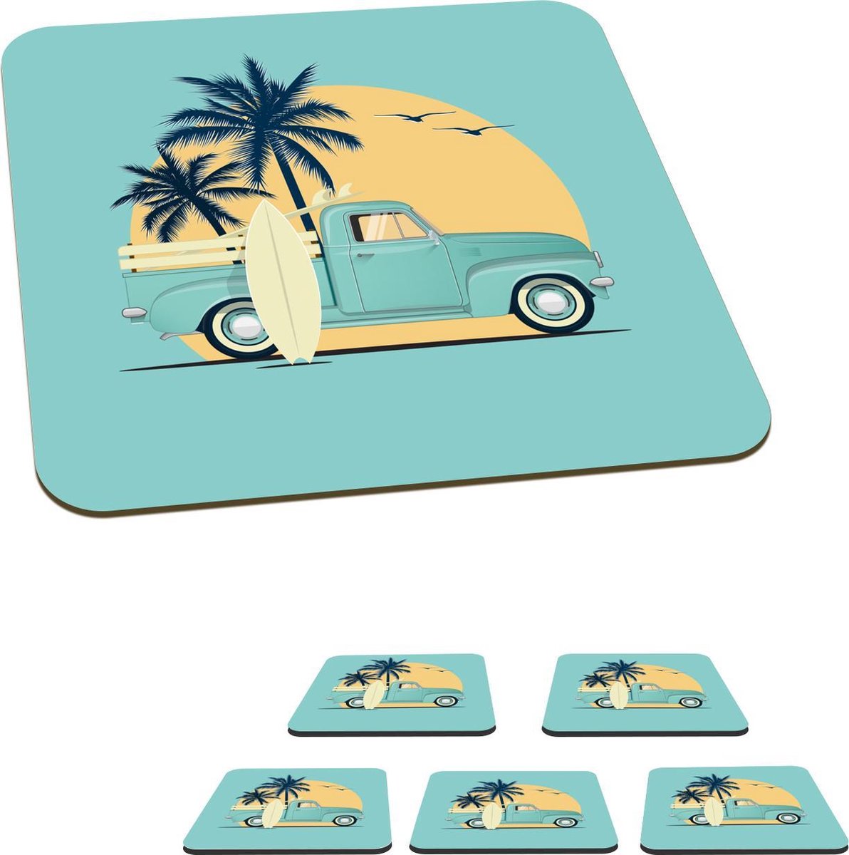 Onderzetters voor glazen - Auto - Zon - Surfboard - Tekening - 10x10 cm - Glasonderzetters - 6 stuks