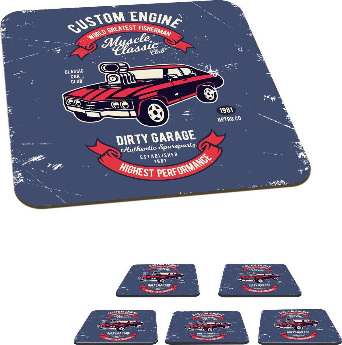 Onderzetters voor glazen - Auto - Motor - Retro - Letters - 10x10 cm - Glasonderzetters - 6 stuks