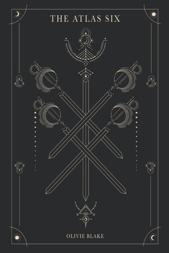 De kaft van het boek 'The Atlas Six' met een donkergrijs decor en een geometrisch ontwerp van gekruiste zwaarden, manen en stippen.