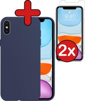 Hoesje Geschikt voor iPhone Xs Hoesje Siliconen Case Hoes Met 2x Screenprotector - Hoes Geschikt voor iPhone Xs Hoes Cover Case - Donkerblauw