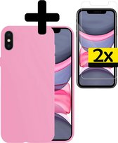 Hoesje Geschikt voor iPhone Xs Hoesje Siliconen Case Met 2x Screenprotector - Hoes Geschikt voor iPhone Xs Hoes Siliconen - Roze