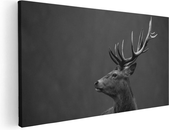 Artaza Canvas Schilderij Hertenkop - Hert - Zwart Wit - 40x20 - Klein - Foto Op Canvas - Canvas Print