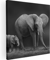 Artaza Canvas Schilderij Olifant Moeder En Zoon - Zwart Wit - 30x30 - Klein - Foto Op Canvas - Canvas Print