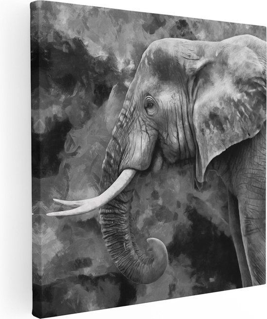 Abstract zwart-wit canvas van een olifant, met de zijkant zichtbaar.
