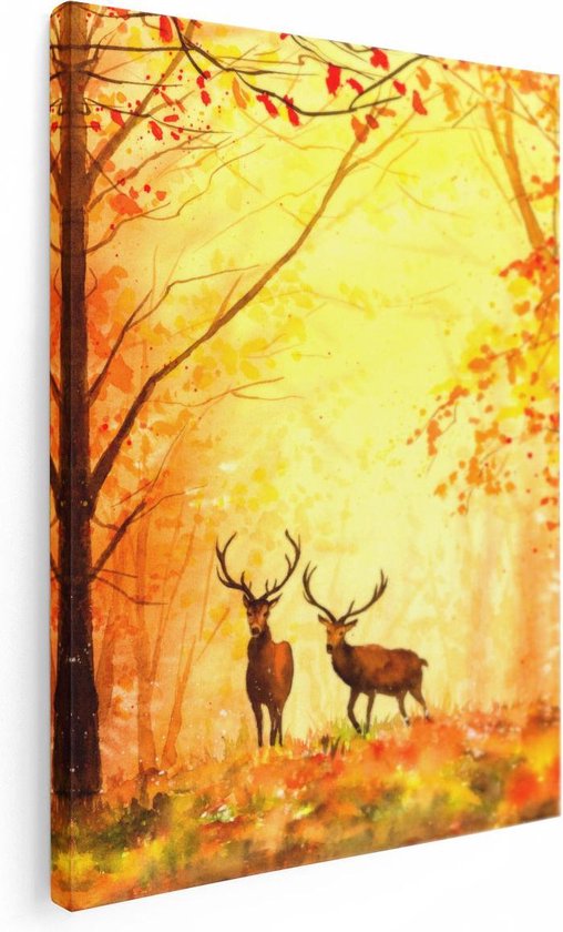 Artaza Canvas Schilderij Getekende Herten In Het Bos - Herfst - 60x80 - Foto Op Canvas - Canvas Print