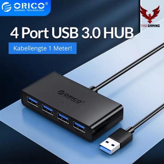 USB Hub – 4 Poorten - USB Splitter – USB 3.0 - Zwart – Lange Kabel - 5 Gb/s gegevensoverdracht -1 Meter Kabel