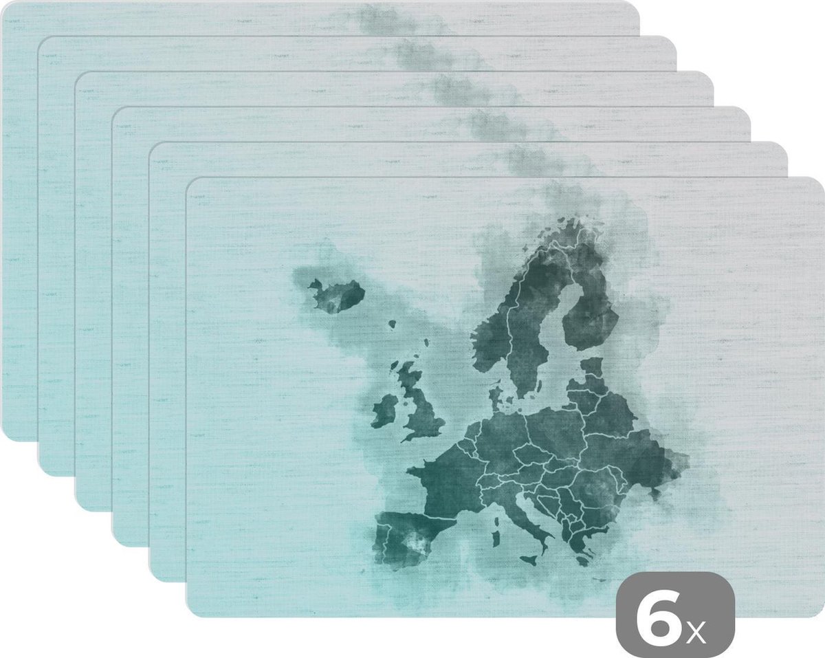 Placemat - Placemats kunststof - Kaart - Europa - Groen - 45x30 cm - 6 stuks - Hittebestendig - Anti-Slip - Onderlegger - Afneembaar