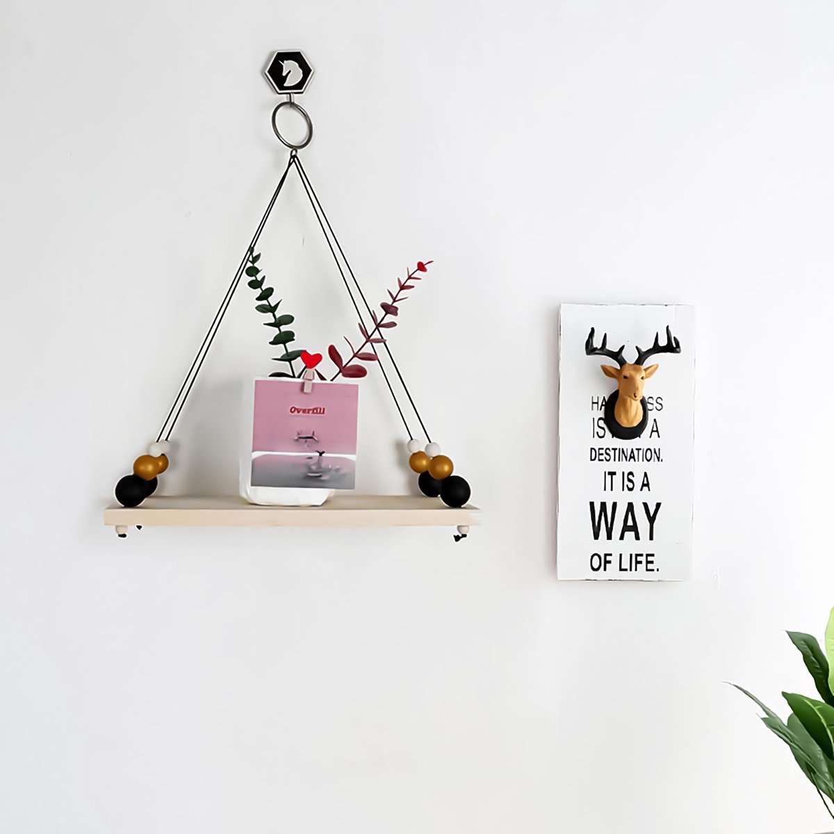 WIYETY 2 Sets Boho Houten Wandhouders, Wandrek, Boho-Wanddecoratie, Kleine Zwevende Planken, Regenboog Wandplanken, Decoratie voor Slaapkamer Woonkamer Badkamer (Houtkleur
